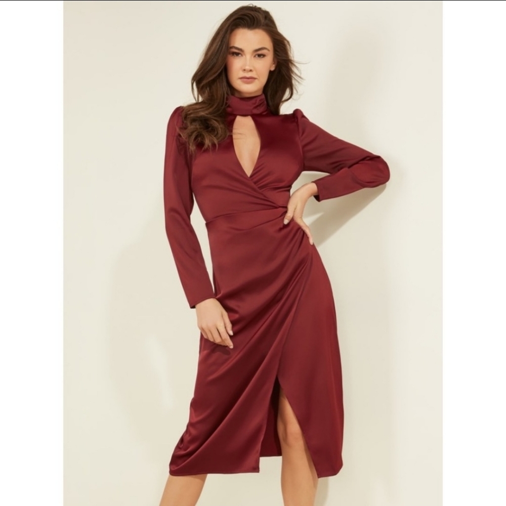 Guess Maddie Keyhole Dress Engine Red XS Mock Neck Long Sleeve ALine Valentine's